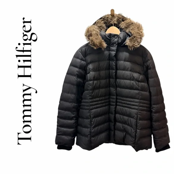 Tommy Hilfiger Women XXL Black Down Feathers Winter Puffer Jacket Faux Fur Hood - Picture 1 of 16